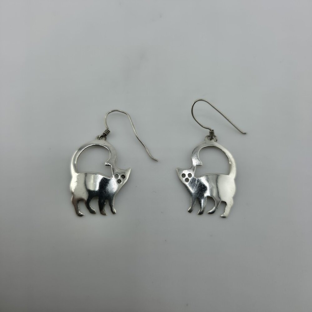 Sterling Silver Modernist Kitty Cat MCM Dangle Hook Earrings 3g 925 Vintage Alt - Picture 5 of 12